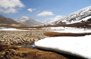 Sıfır noktada mavi gökyüzü ile Snow Mountain View ve su akışı 