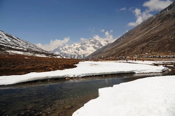 Snow Mountain View and water stream with Blue Sky at Zero Point