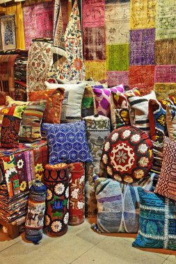 Turkish traditional carpets, cushions on grand bazaar Istanbul clipart