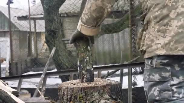 木材を斧で切り刻むルンベルジャック — ストック動画