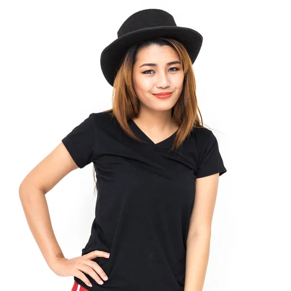 Asyalı kadın siyah t-shirt — Stok fotoğraf
