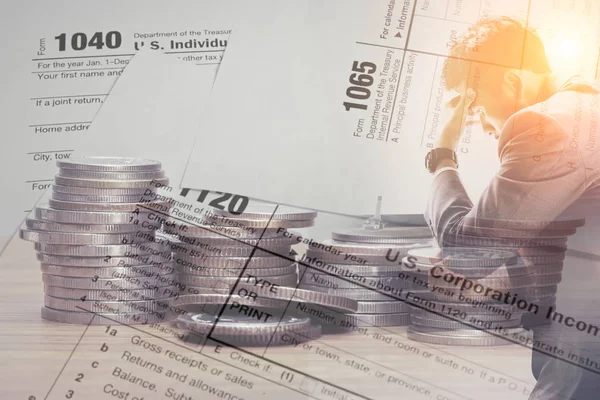 Double exposure of US tax form and coins with stress businessman — Stock Photo, Image