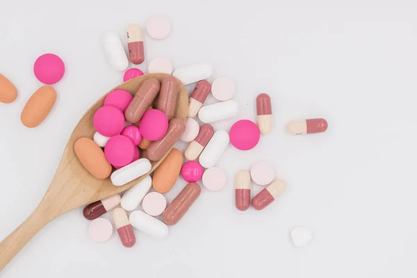 Farmaceutické Medicíny Prášky Tablety Kapsle Bílém — Stock fotografie