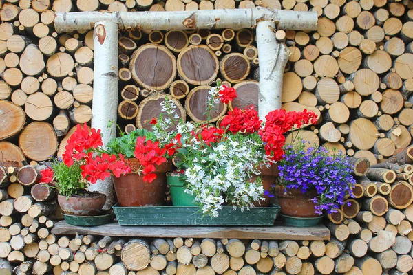 woodpile arka plan çiçekler pot ile