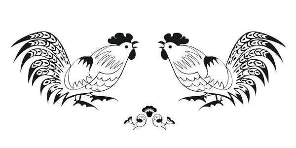 Fighting of black roosters on a white background — Stock Vector