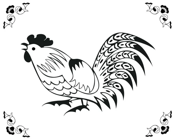 单色的公鸡在民间的风格 — 图库矢量图片