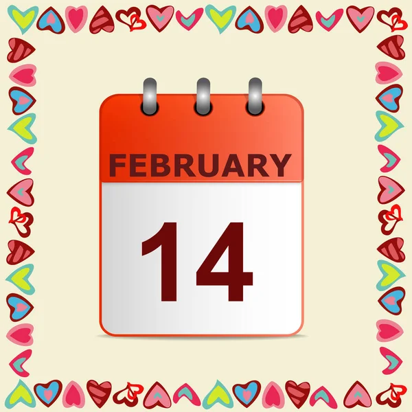 Valentines day, calendar icon in frame of hearts on yellow. — Stock Vector