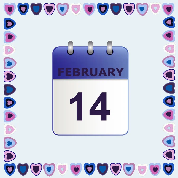 Valentines Day, calendar icon in frame of hearts on blue. — Stock Vector