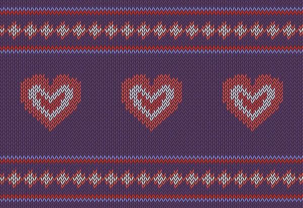 Patrón Jacquard con corazones rojos sobre fondo púrpura . — Vector de stock