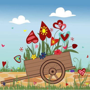 Gökyüzü arka plan üzerinde çiçek açması yürekleri el arabası
