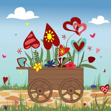 El arabası yürekleri gökyüzü arka plan üzerinde