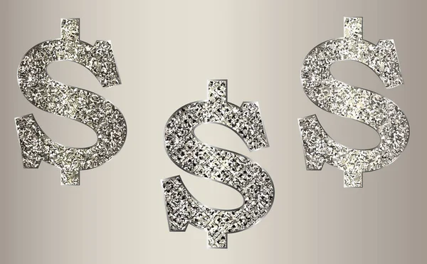 Dollar av metall med glitter i tre varianter. — Stock vektor