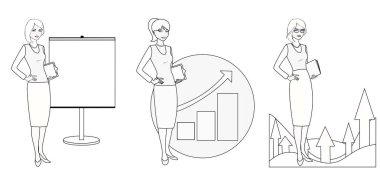 Bir iş kadını tek renkli versiyonu çizimleri kümesi.