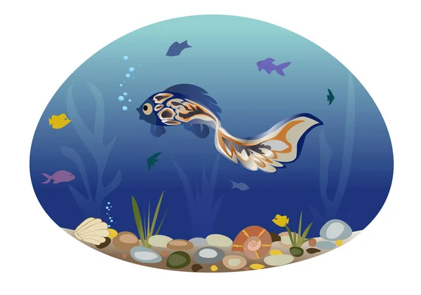 Μπλε ψάρι κολυμπάει ανάμεσα σε φύκια και μικρά ψάρια. — Διανυσματικό Αρχείο