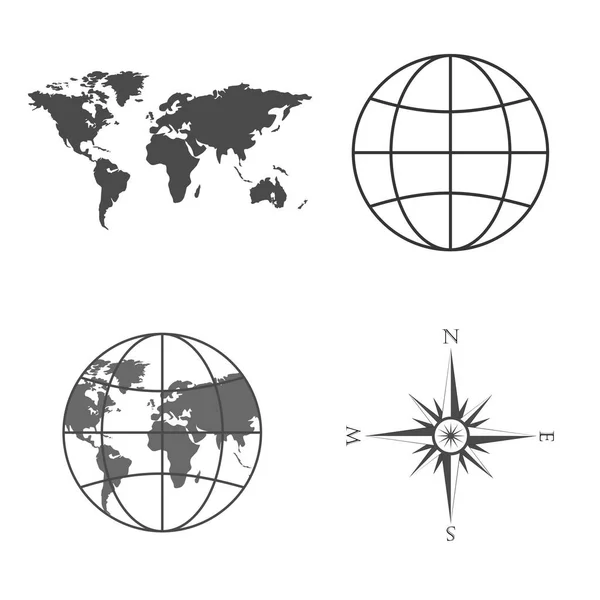 Vectorillustratie van de wereldkaart, globe, windroos, kompas. — Stockvector