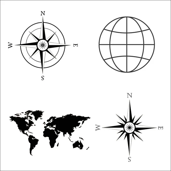 Vektor-Illustration von Weltkarte, Globus, Windrose, Kompass. — Stockvektor