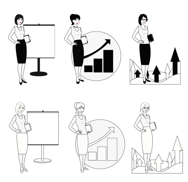 Série d'illustrations d'une femme d'affaires en noir et blanc . — Image vectorielle