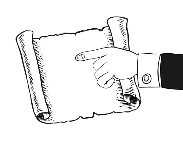 La mano humana indica a un pergamino vacío, desplazamiento . — Vector de stock