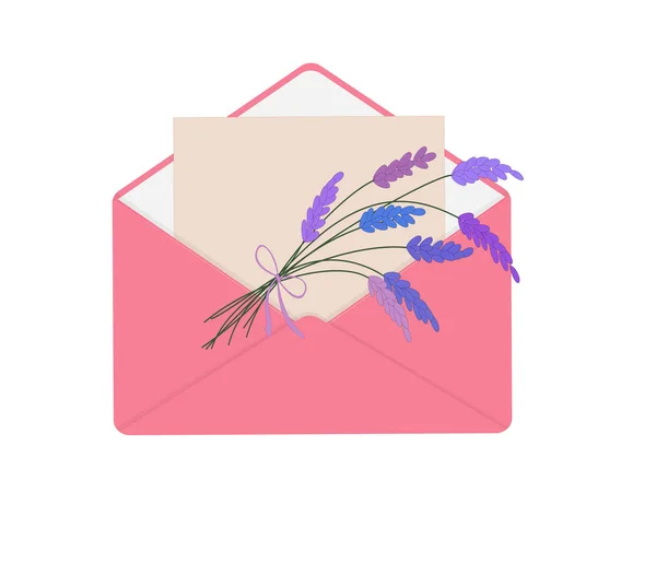 Carta em envelope azul com buquê de lavanda . — Vetor de Stock