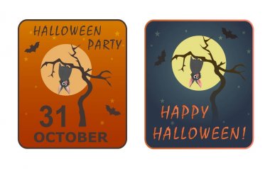 Dolunay arka plan üzerinde kuru bir ağaç üzerinde asılı şirin gri yarasa.