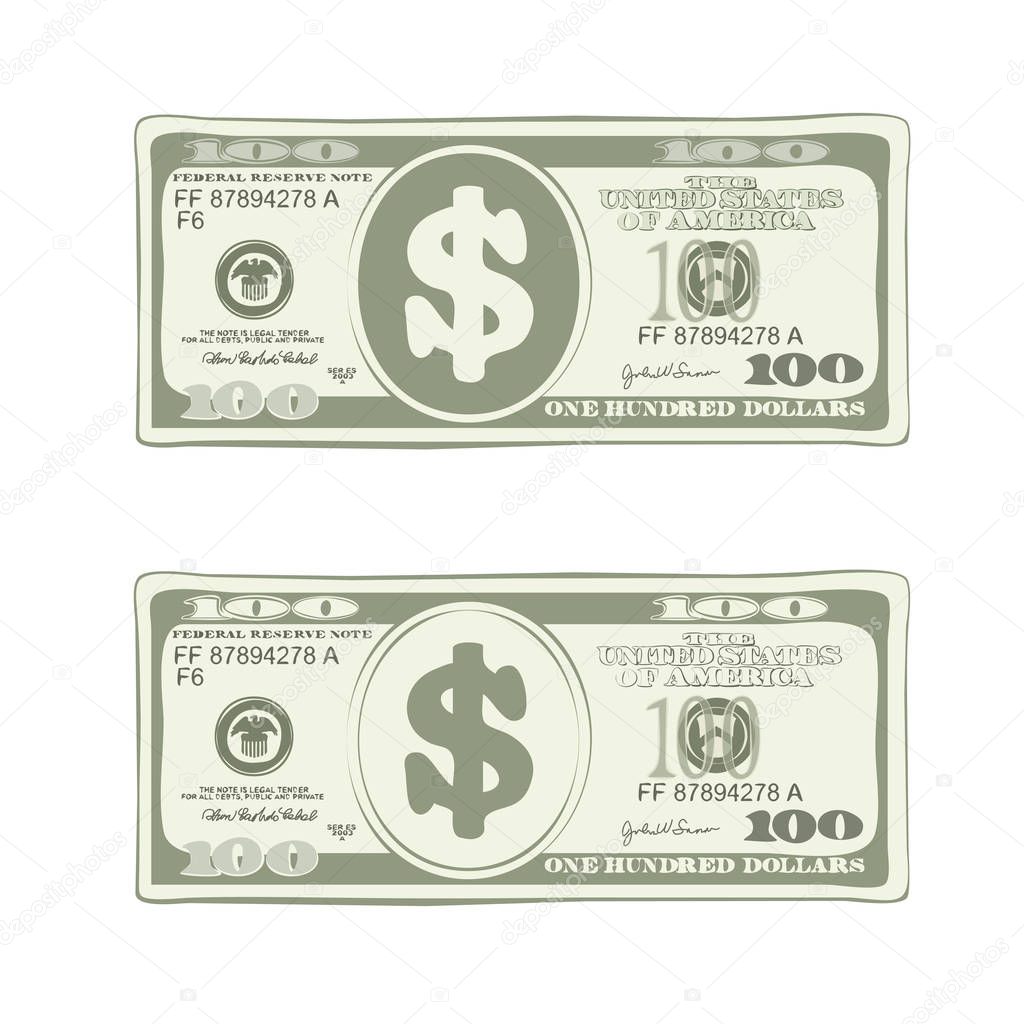 Vector design of one hundred dollar bill in green colors.