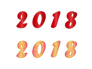 2018 yılında kırmızı ve sarı renkler kümesi. Noel vektör çizim glitter numaraları ile herhangi bir metin, Davetiyeler, posterler, broşür, tebrik kartları, web tasarımı vb içinde kullanılabilir. Yatay başlık.