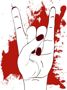 Heavy metal el hareketi. Rock Festivali afiş. Rock-n-roll işareti kırmızı boya ile beyaz arka plan üzerinde leke bırakır. Şablon için sloganı, afiş, el ilanı, afiş ve etc. Vektör çizim. 