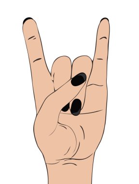 Rock Festivali afiş. Rock-n-roll el hareketi. Heavy metal işareti. Şablon için sloganı, afiş, el ilanı, afiş ve etc. Beyaz arka plan üzerinde izole vektör çizim.