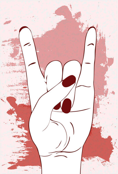 Heavy metal hand gesture. Rock festival poster.  Rock-n-roll sign with red and pink paint stains on white background. Template for slogan, poster, flyers, banner and etc. Vector illustration.