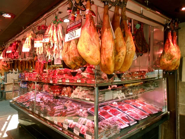 Large assortment of ham, bacon and sausage products at the european market.