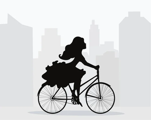 Girl rides bicycle on background of city. — Stock Vector