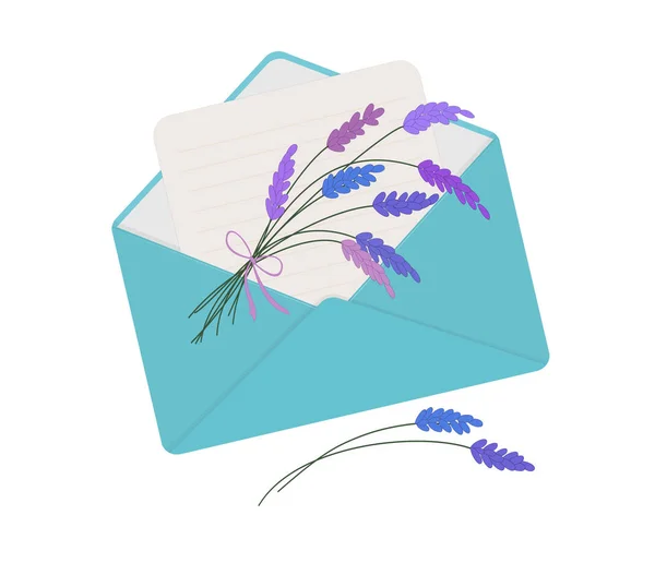 Carta em envelope azul com buquê de lavanda . — Vetor de Stock