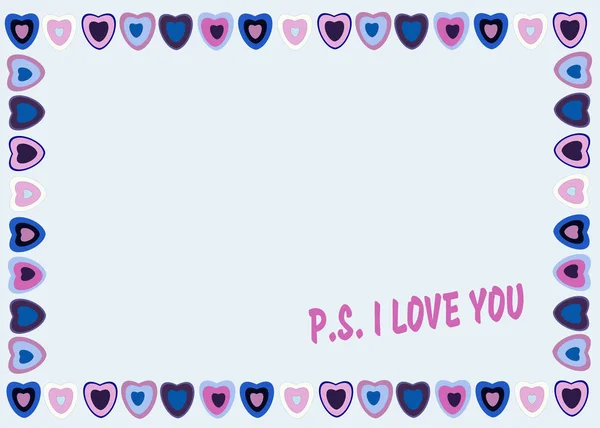 Quadro de corações em fundo azul com texto P.S. Eu amo-te.  . —  Vetores de Stock