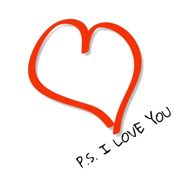 Coeur rouge jette l'ombre sur fond blanc avec le texte P.S. Je t'aime. . — Image vectorielle