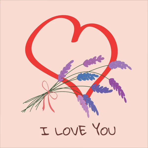 Carte de vœux rose pâle avec cœur peint, déclaration d'amour et bouquet de lavande . — Image vectorielle