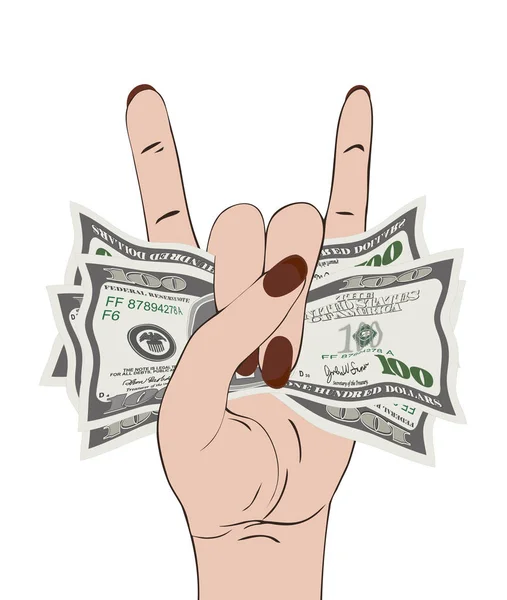 Rock-n-roll odaad gesztus szorongatta valuta Usa. — Stock Vector