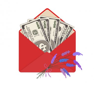 Yüz dolarlık banknotlar kırmızı zarf lavanta bir buket ile açın..