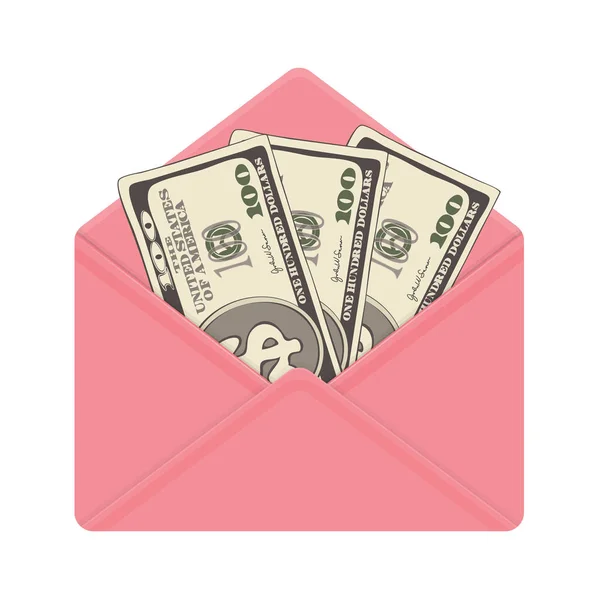 오픈 핑크 봉투에 1 백 달러 지폐. — 스톡 벡터