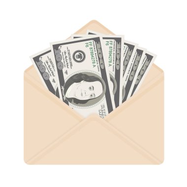 ABD para birimi cinsinden açık bej zarf bankacılık. Yüz dolar faturaları hediye olarak, yakın çekim. Zarf, rüşvet ve yolsuzluk rüşvet. Vektör çizim. Doları banknot olarak mevcut, maaş.