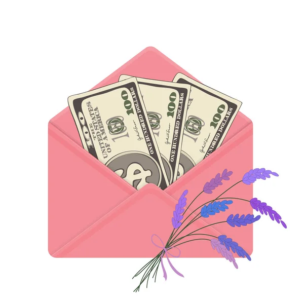 Банковская Валюта Сша Открытом Розовом Конверте Букет Лаванды Сто Долларов — стоковый вектор