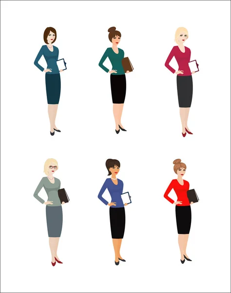 一套性格的商人女人 公关专家 熟练的办公室员工 有资格的公关经理在白色背景 矢量插图 — 图库矢量图片