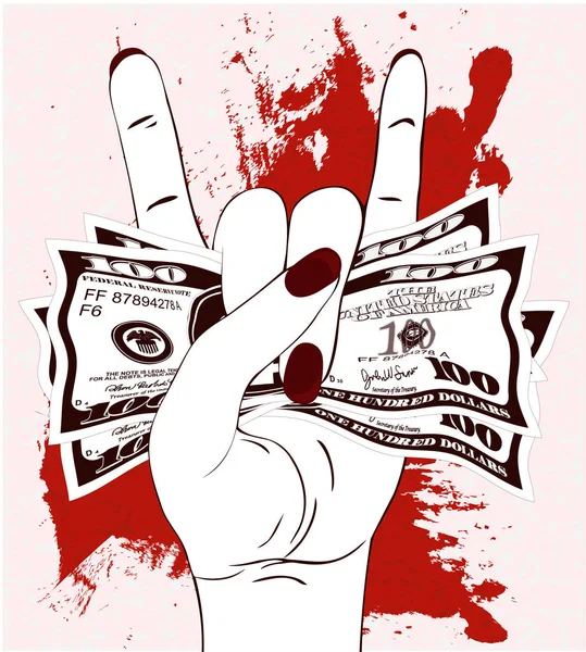 Rock-n-roll hand gesture with crumpled one hundred dollars on textured background with red paint. — Stock Vector