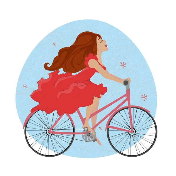 Hermosa Joven Vestido Rojo Paseos Bicicleta Con Emociones Positivas Ilustración — Vector de stock