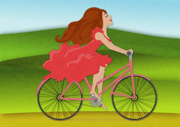 赤いドレスで美しい少女肯定的な感情と自転車に乗る 笑顔を持つ若い女性に開花春の野でバイクを乗って 紙効果と深さを作成するテクスチャ シェーディング — ストック写真