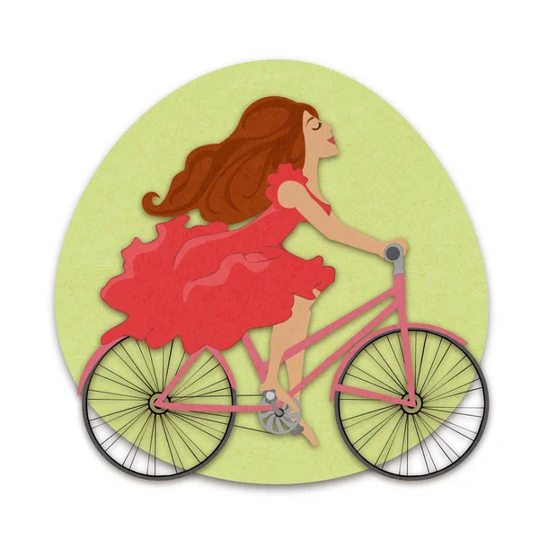 Beautiful young girl in red dress rides bicycle with positive emotions.