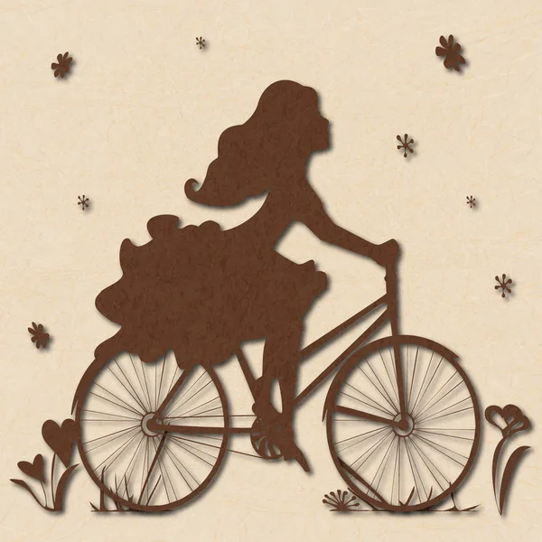 Ilustración de una joven montando en bicicleta sobre fondo beige con efecto mármol . — Foto de Stock