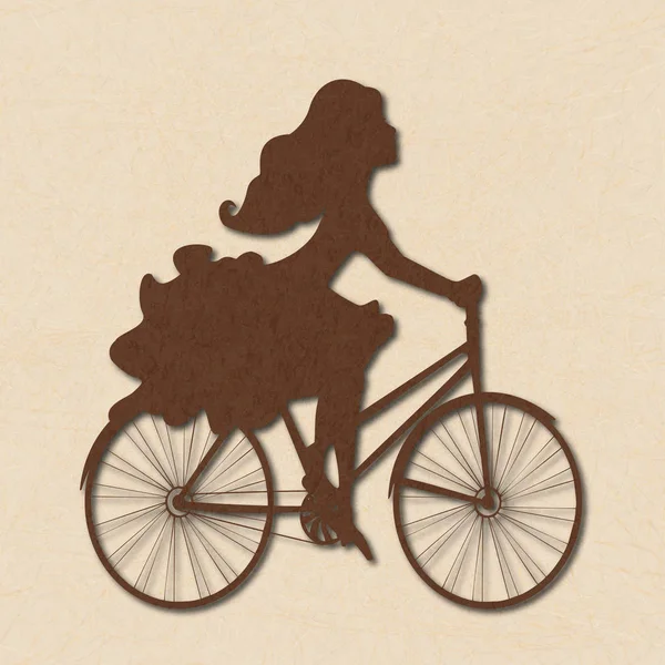 Ilustración de una hermosa mujer joven montando en bicicleta sobre fondo beige con efecto mármol . — Foto de Stock