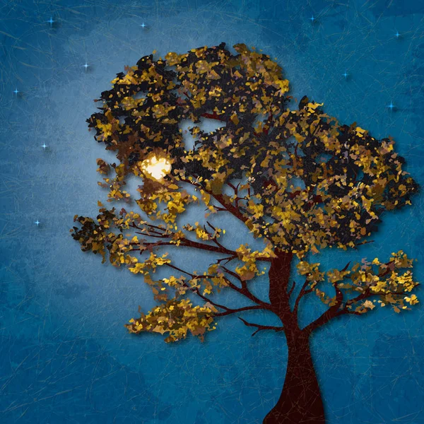 Arka Plan Gece Yıldızlı Gökyüzünün Sonbahar Ağacı Gölgelendirme Kağıt Efektleri — Stok fotoğraf