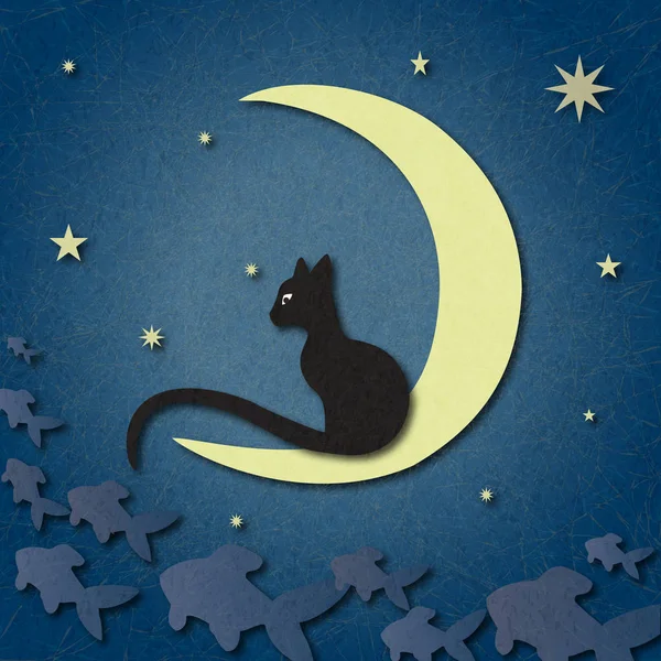 Gato Negro Sienta Luna Captura Peces Entre Cielo Estrellado Ilustración — Foto de Stock