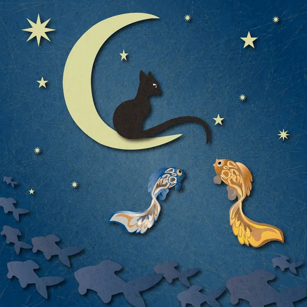 Black Cat Sits Moon Catches Fish Starry Sky Shading Layered — Stock Photo, Image